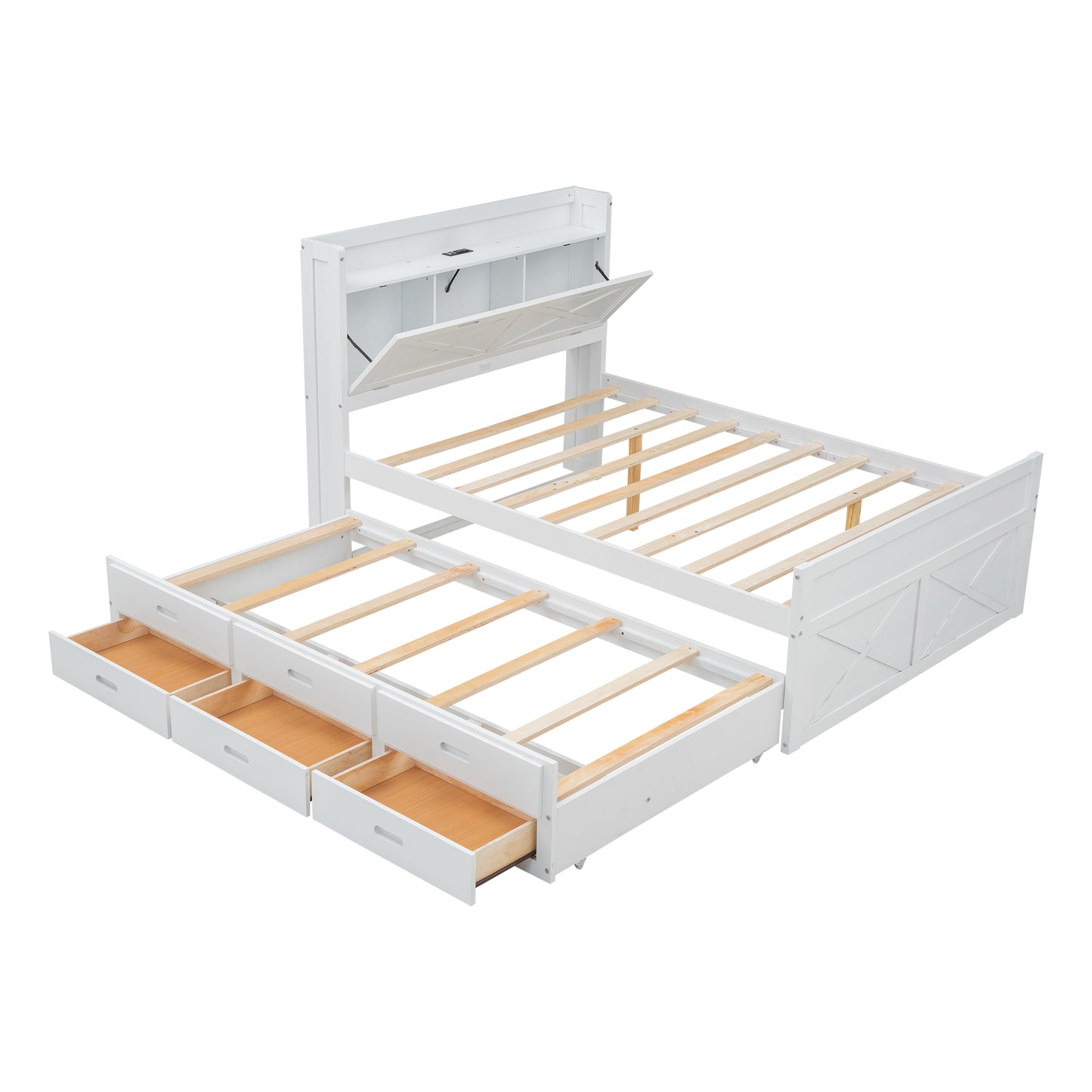 Full Size Wooden Bed With Storage Headboard Outlets, Extendable Twin