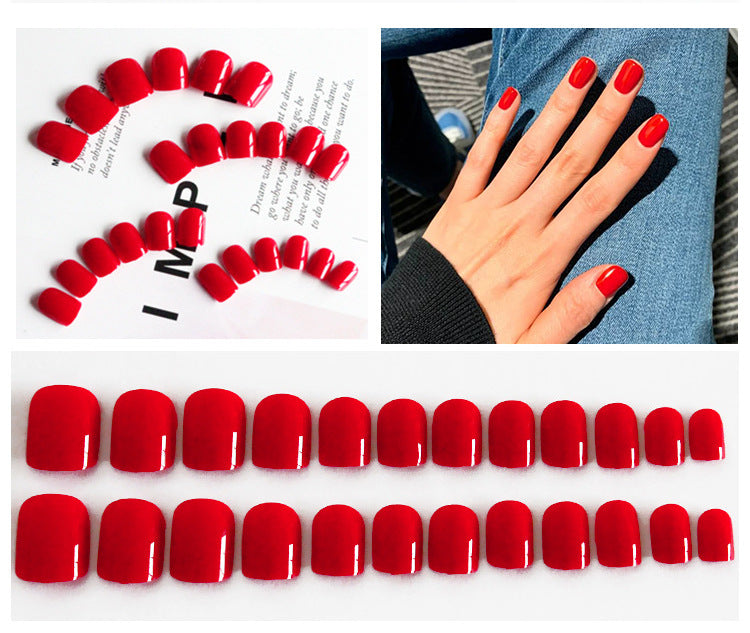 Short Square Fake Nails Set with Gel Glue and Nail File - Red Nail Art Kit for Women & Girls