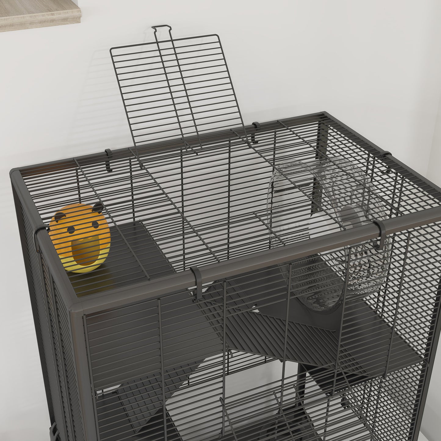 4-Tier Hamster Cage with Tempered Glass Bottom, Exercise Wheel, Hut, Water Bottle & Food Dish - Black, 24x16x31.5 Inches