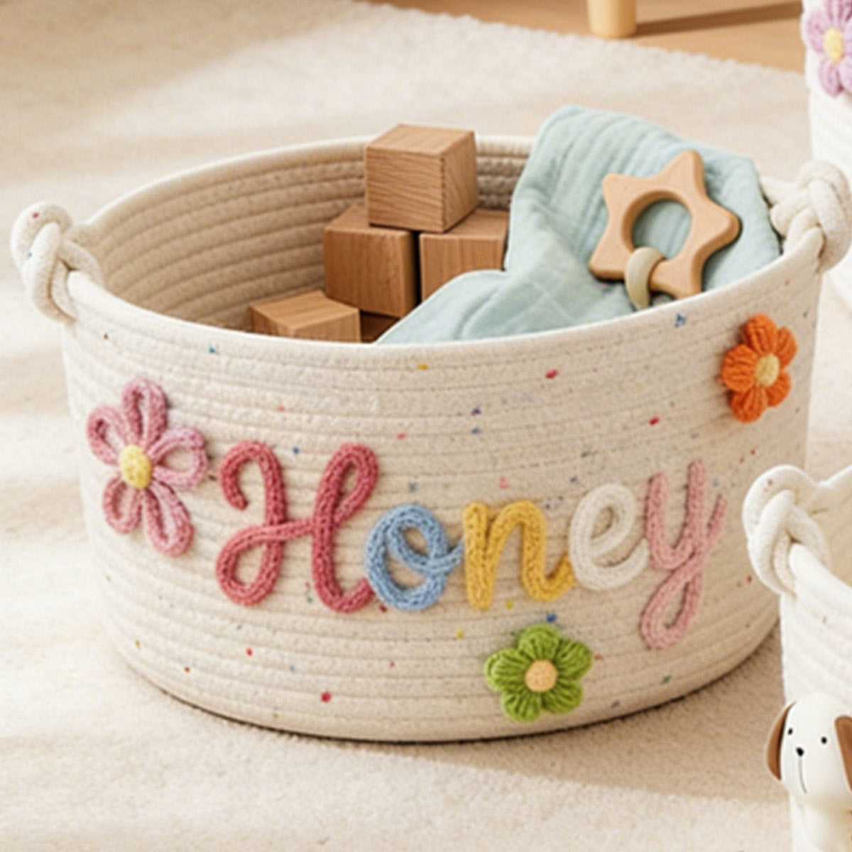 Letter Embroidery Style Cotton Rope Storage Basket - Home Organization