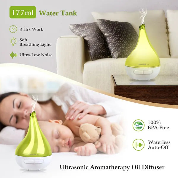 Drop-Shaped Ultrasonic Aroma Diffuser & Humidifier with 177ML Capacity - Green