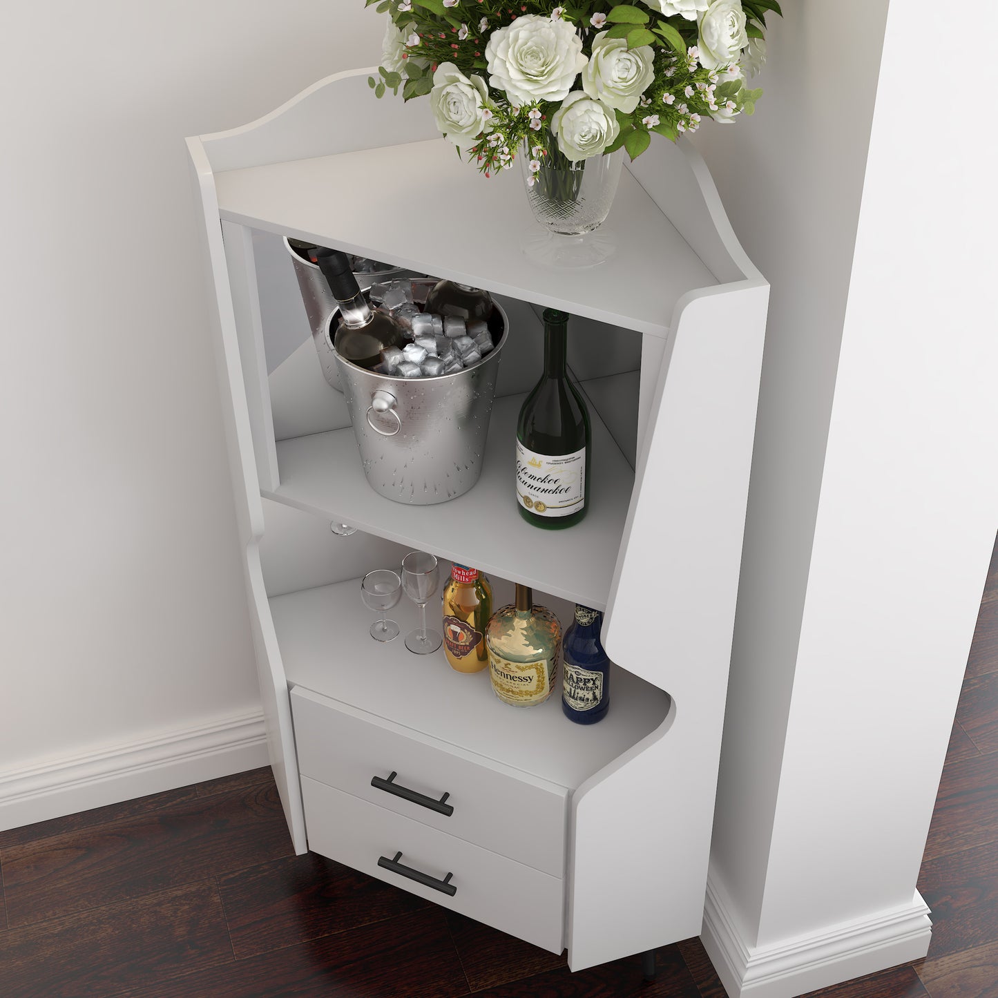 Wooden Corner Bar Cabinet With 2 Open Storage Shelves And Drawers,