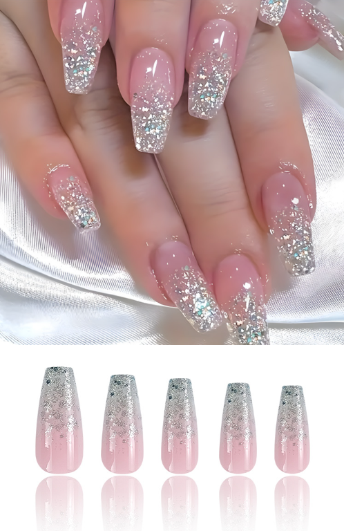 Long Coffin-Shaped Glitter Nail Stickers Kit with Nail File & Glue - 24 Pieces