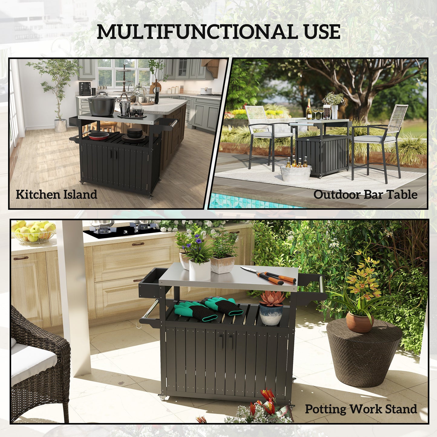 Outdoor Bar Cart with Stainless Steel Top & Storage - Black