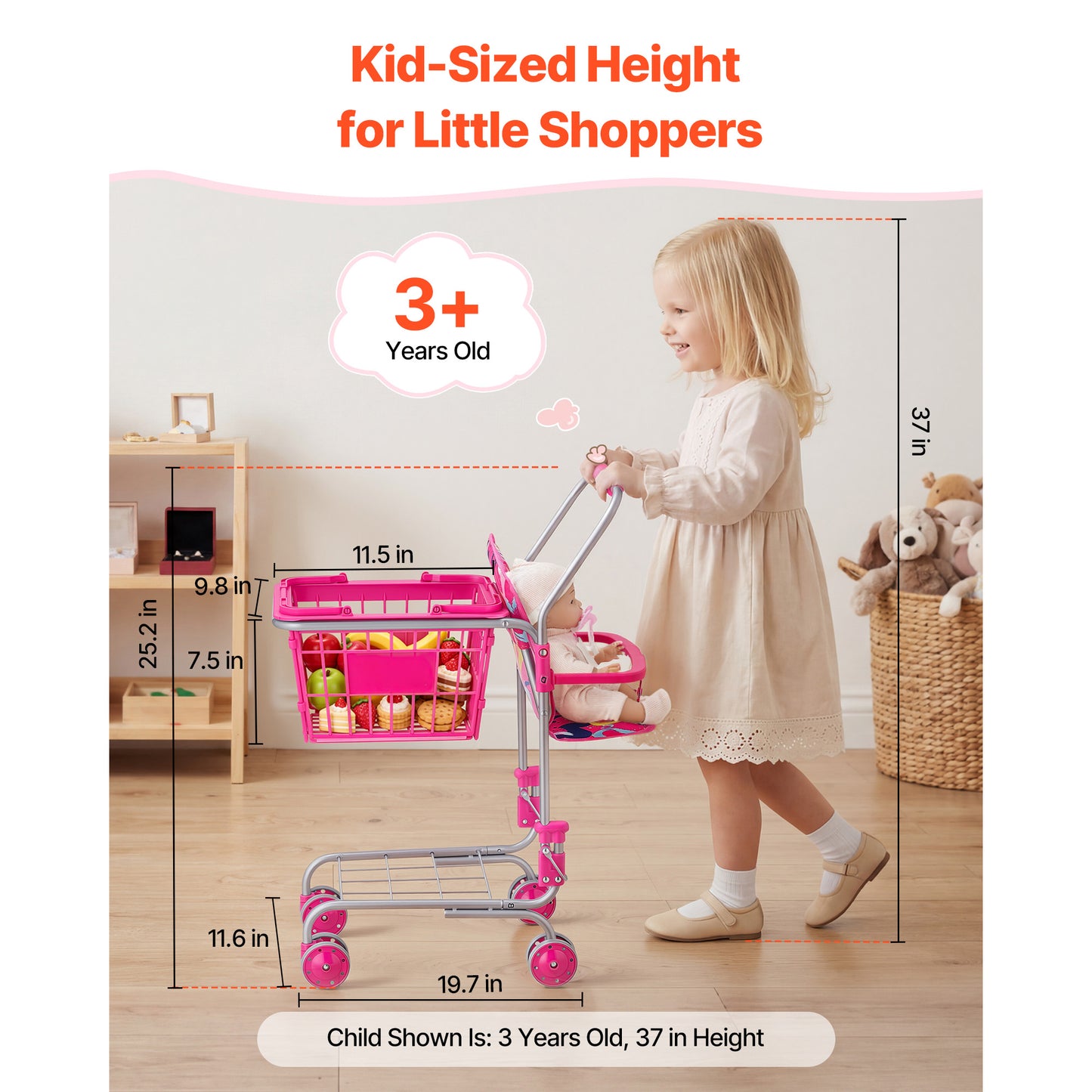 Kids Shopping Cart Toy with Doll Seat & Rolling Wheels - Pretend Play Grocery Trolley