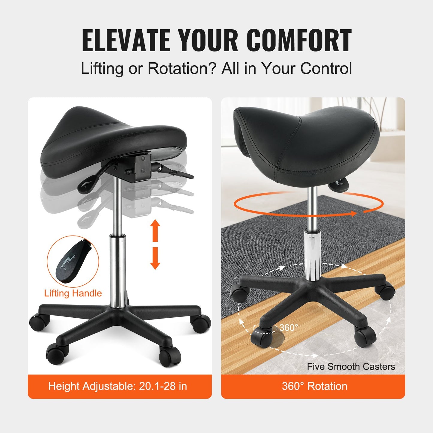 Height Adjustable Saddle Stool with Wheels - 400 lbs Capacity