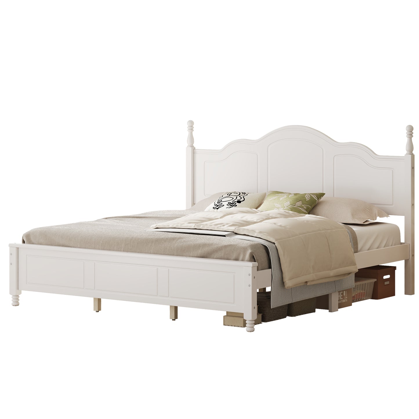 King Size Platform Bed Frame With Retro Wave Headboard, Wooden Slat