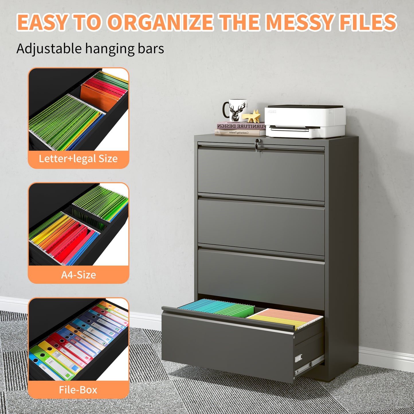 Lateral File Cabinet 4 Drawer, Black Filing With Lock, Lockable For
