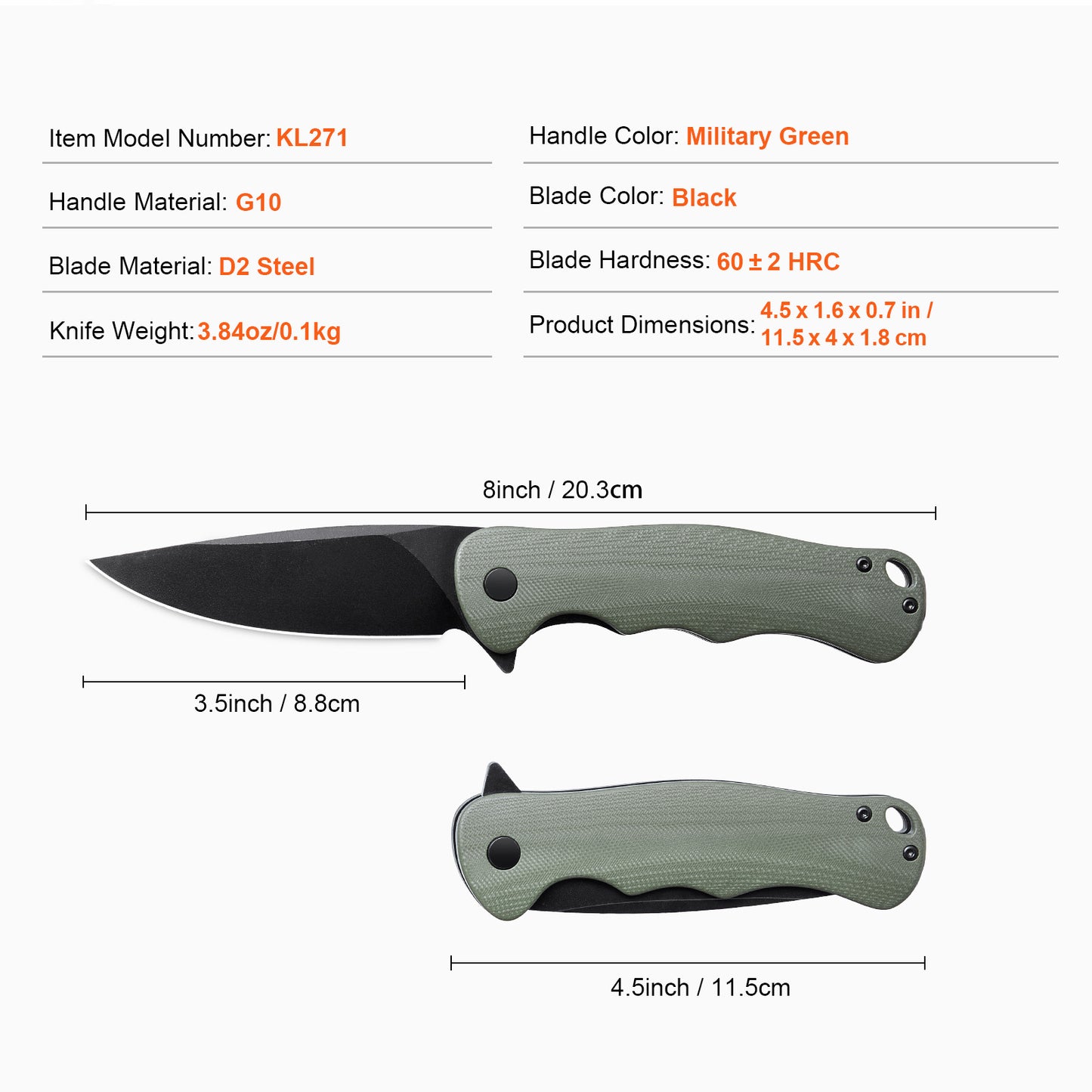 Folding Pocket Knife - 3.5" D2 Steel Blade, G10 Handle