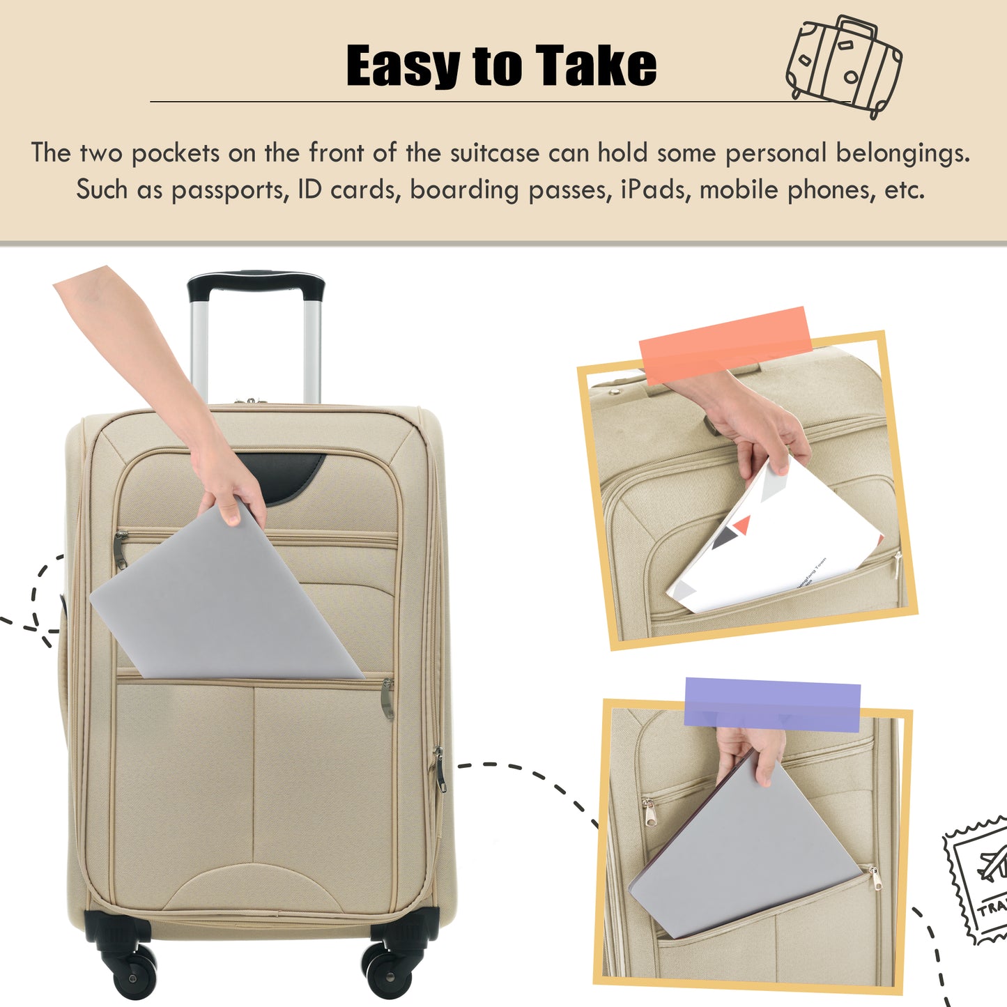 Expandable Softside Luggage Set - 3 Piece Spinner Suitcase - Khaki