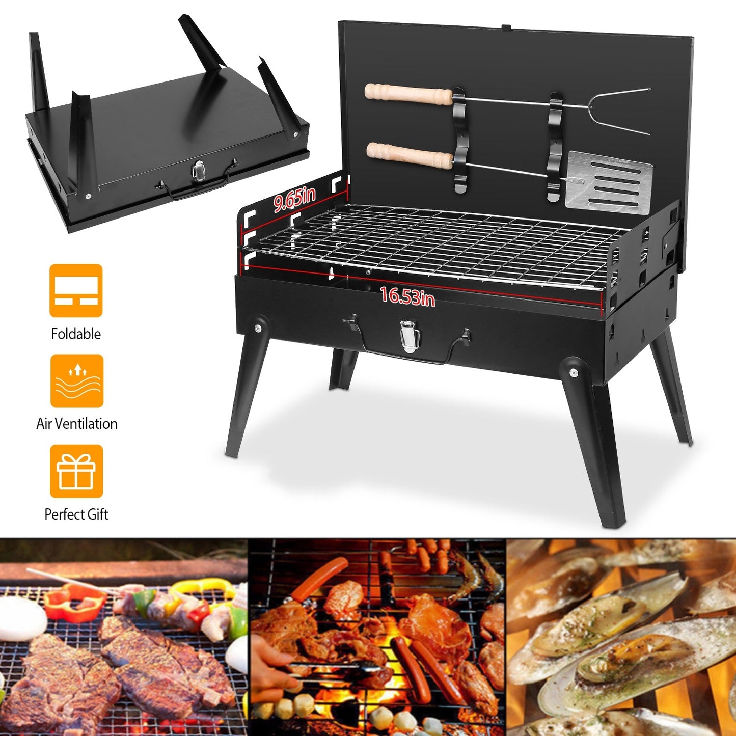 Portable Charcoal Grill - Foldable BBQ Suitcase Grill for Camping