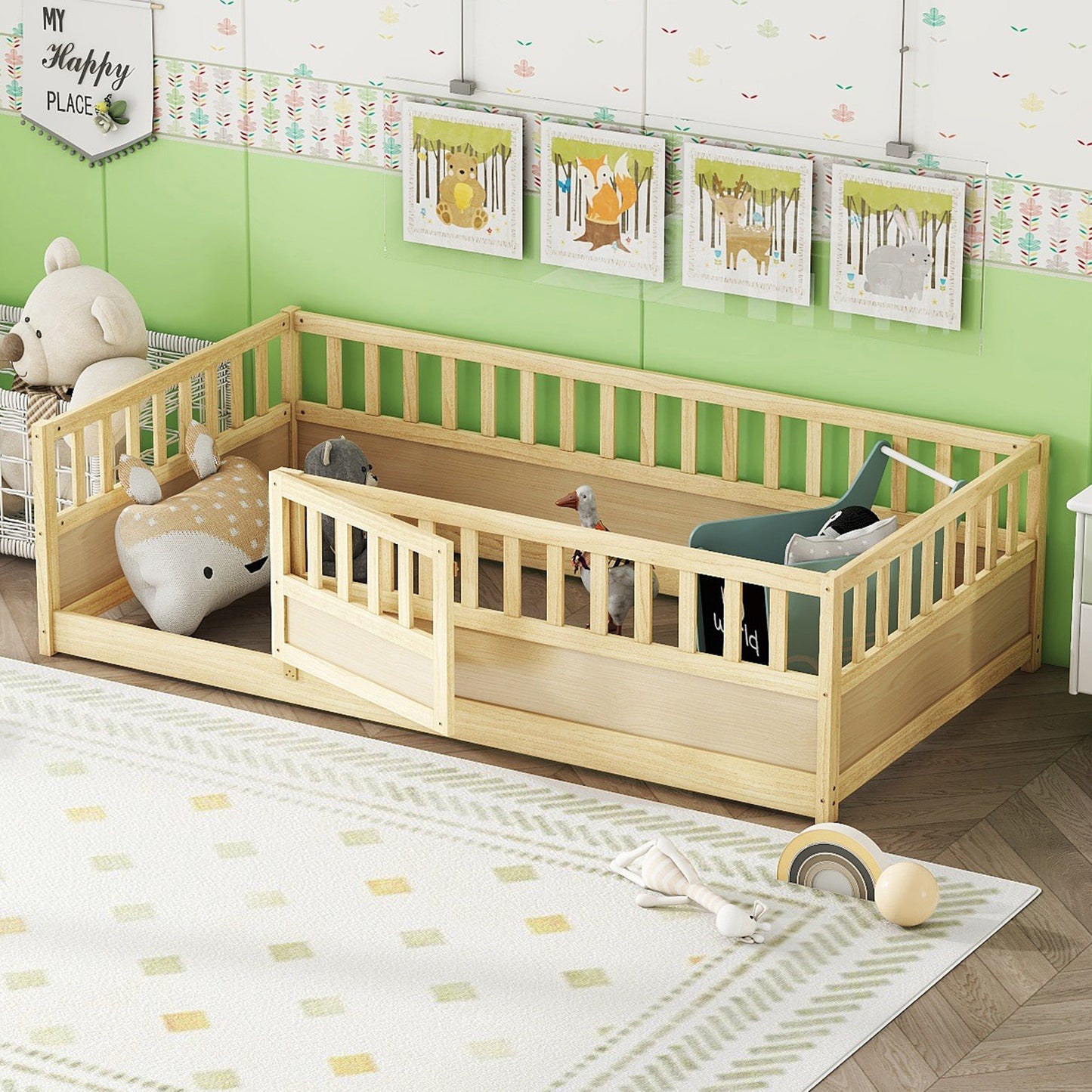 Twin Size Montessori Floor Bed Frame with Safety Barrier - Natural Wood