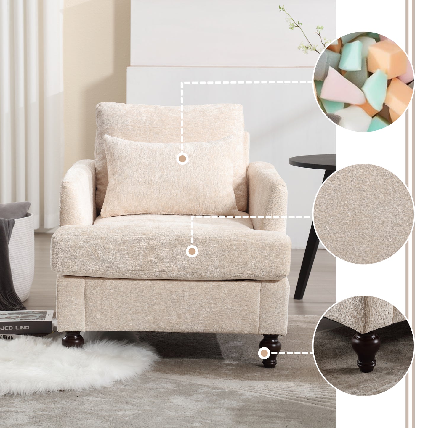 Beige Chenille Wood Frame Armchair - Mid Century Modern Accent Chair