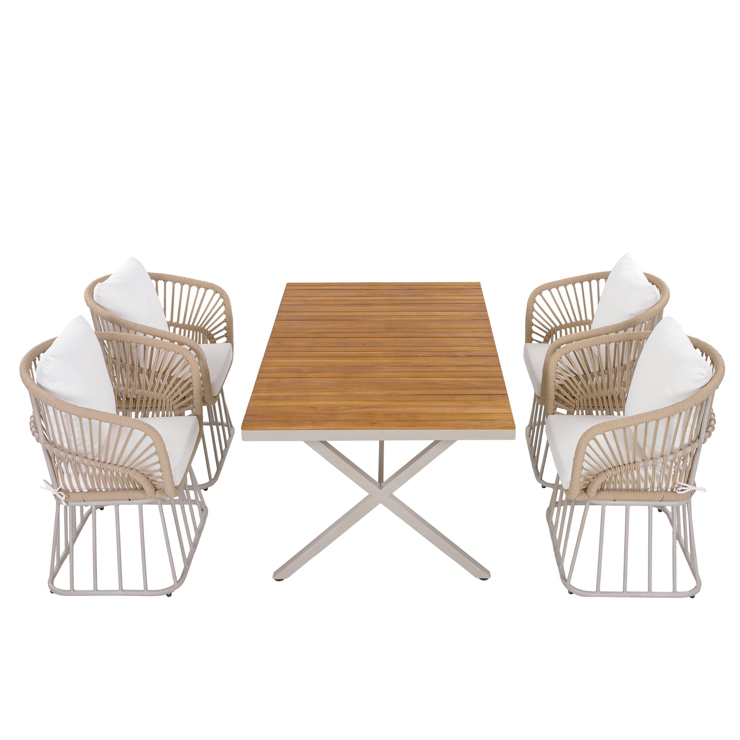 Outdoor 5-Piece Dining Set - Rectangular Teak Wood Table 4 Wicker