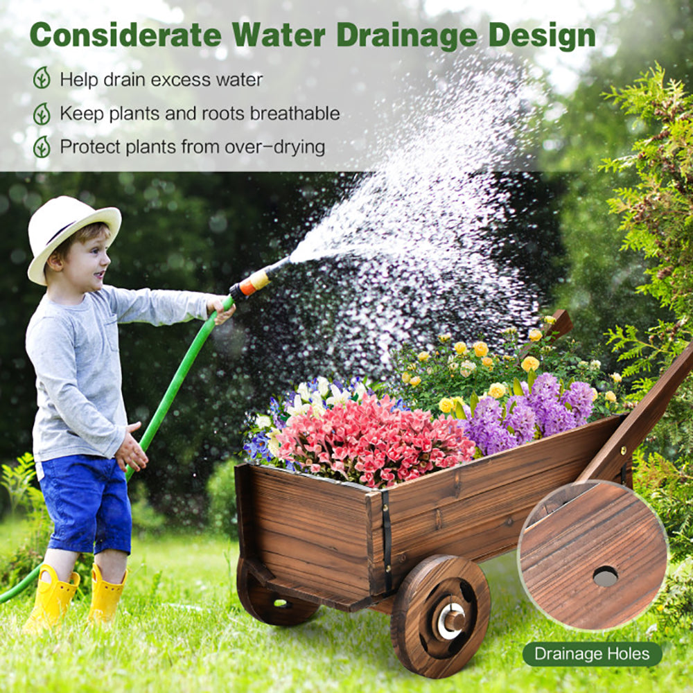 Wooden Wagon Planter Box with Wheels and Drainage Hole - Rustic Brown Garden Decor