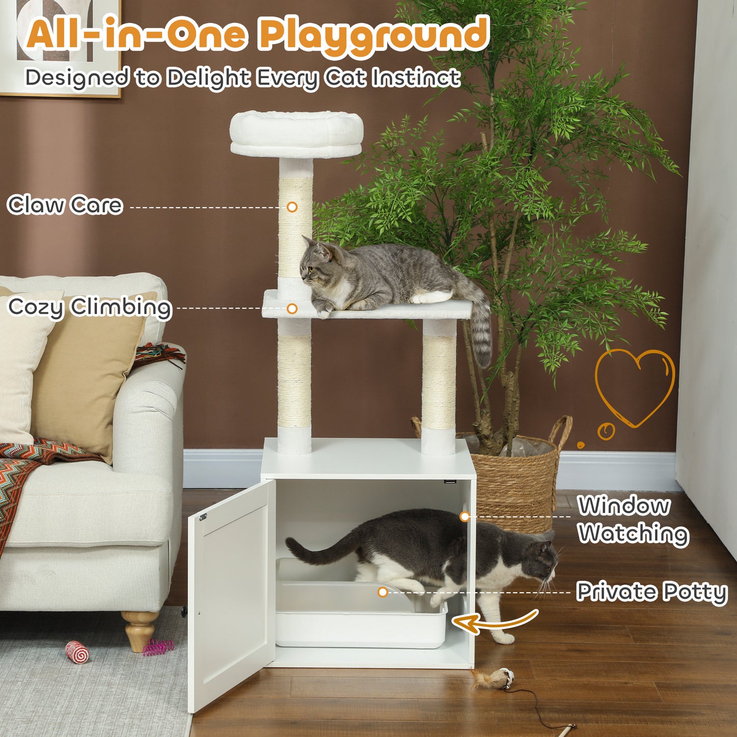Multi-Functional Cat Tree with Litter Box Enclosure, Climbing Posts & Bed - White
