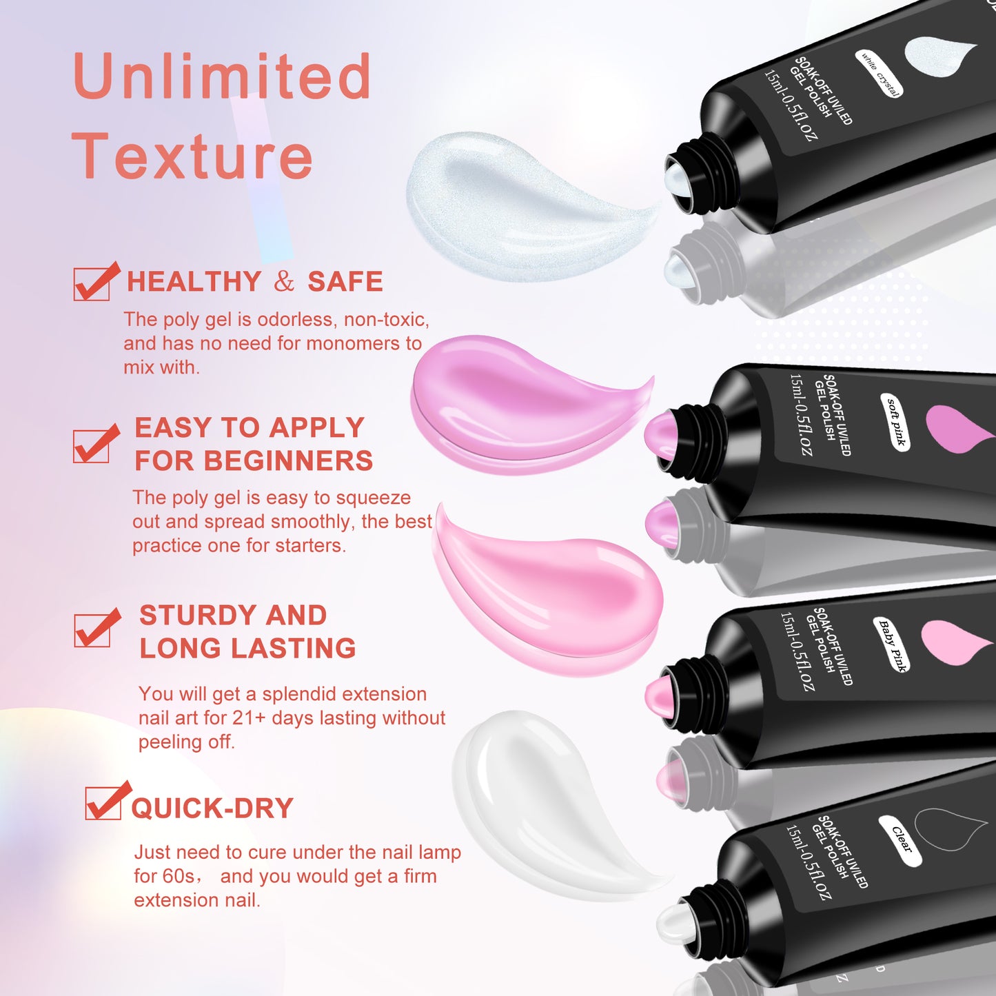 6-Color Poly Gel Nail Extension Kit with UV LED Lamp and Manicure Tools