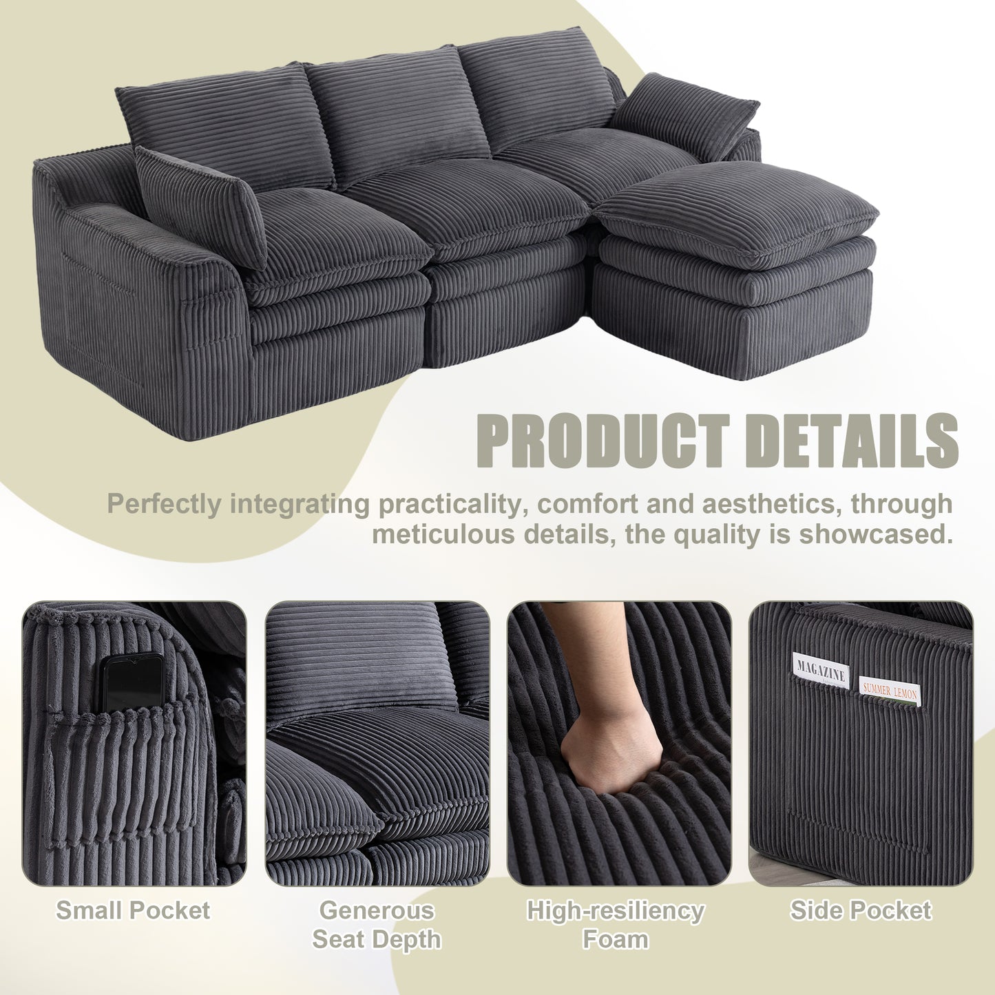 L Shaped Modular Sectional Sofa - Gray Corduroy with Footstool & Pillows
