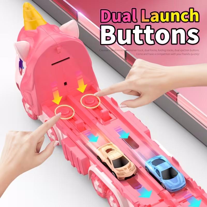Pink Transforming Truck Toy with Expandable Racetrack and Car Storage Set for Kids