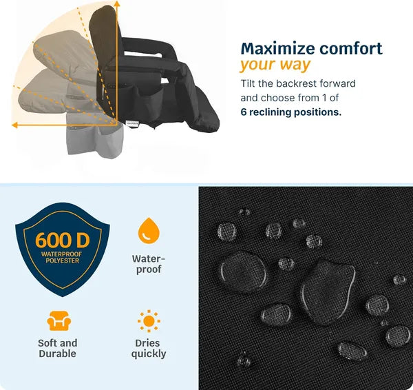 Heated Reclining Stadium Seat with Back Support - Black 21"
