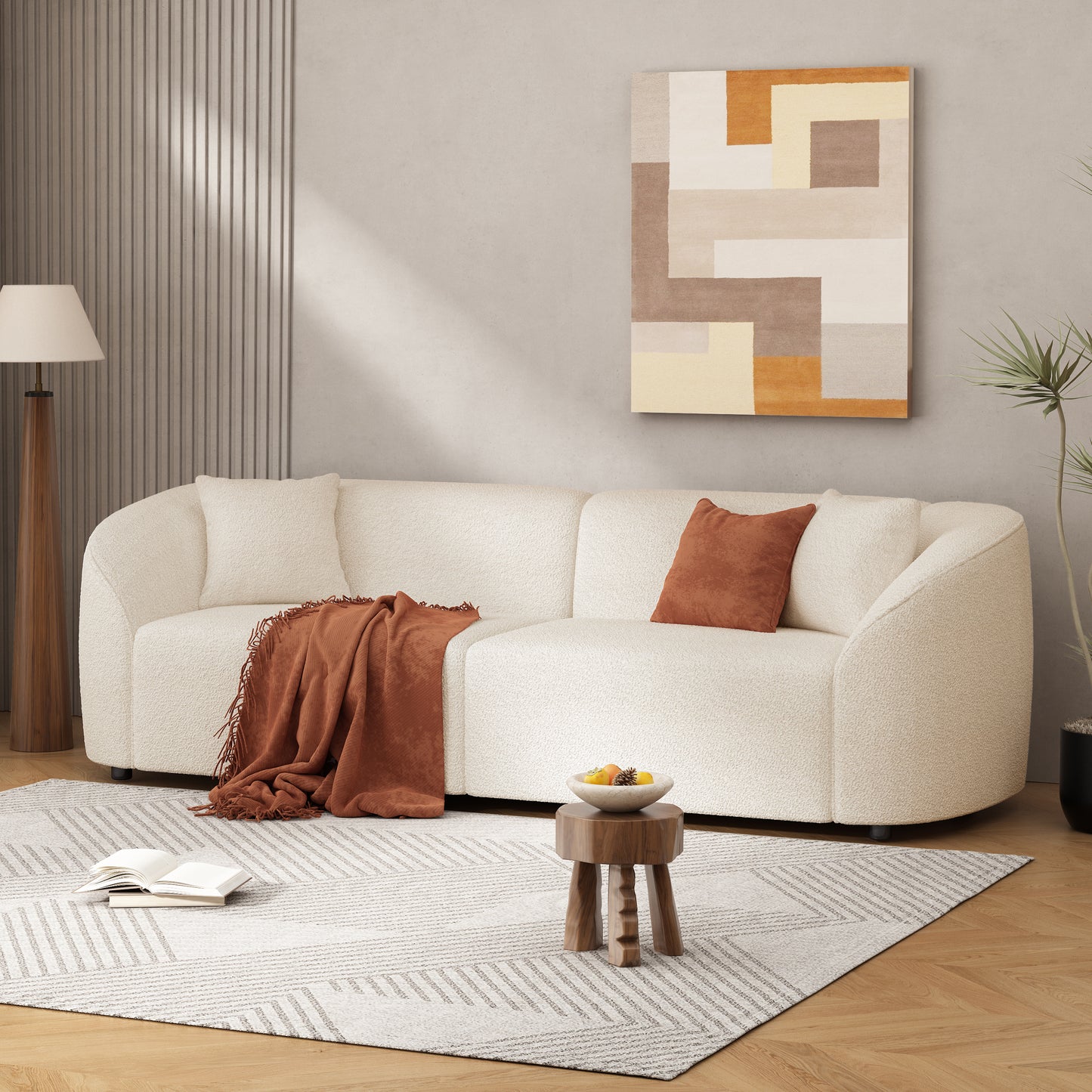 87 Curved Contemporary Sofa In Beige Plush Seating, Streamlined