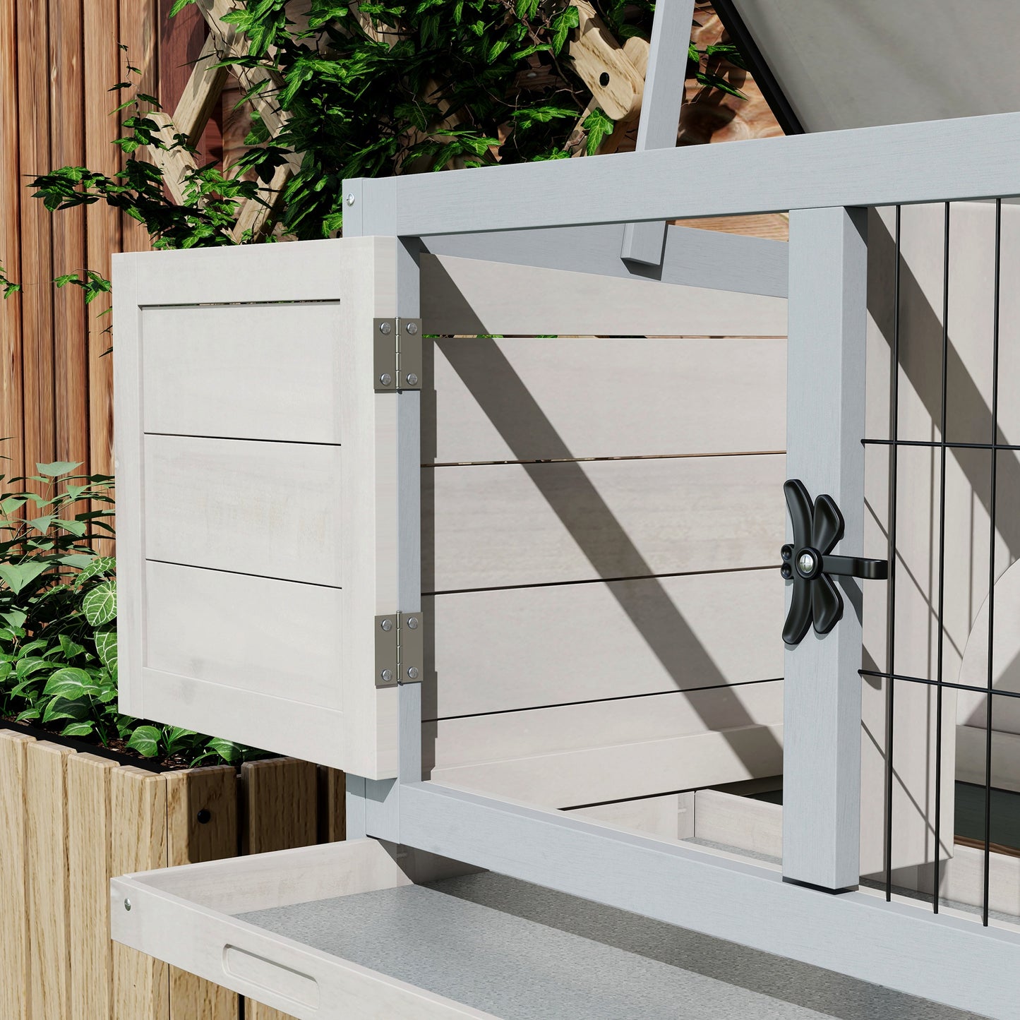 Wooden Rabbit Hutch with Asphalt Roof and Removable Tray - Indoor/Outdoor Gray