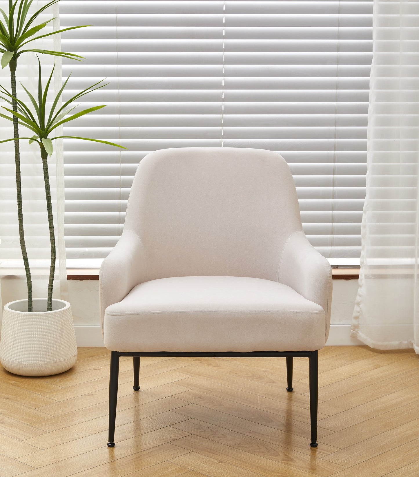 Beige Velvet Accent Chair, Modern Upholstered Armchair With Metal