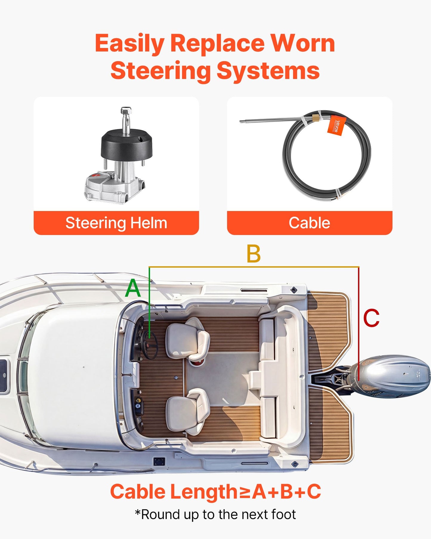 Boat Steering System Kit - 17 Ft Outboard Rotary Control Cable with Aluminum Helm