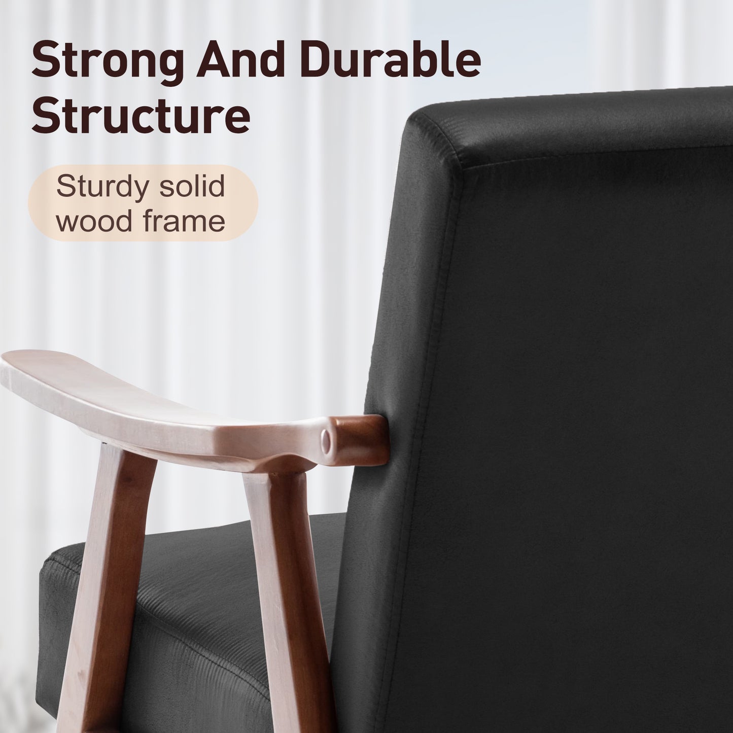 Mid-Century Modern Accent Chair with Solid Wood Frame - Black PU