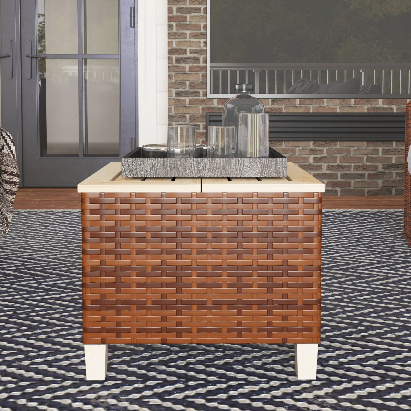 Outdoor Side Table with PE Rattan & Natural Fir Wood Top - Brown