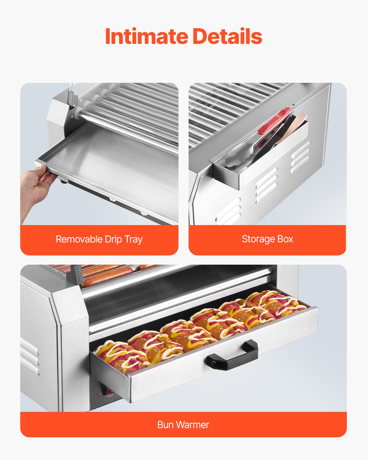 Electric Hot Dog Roller Grill Cooker with Bun Warmer - 1950W, Silver