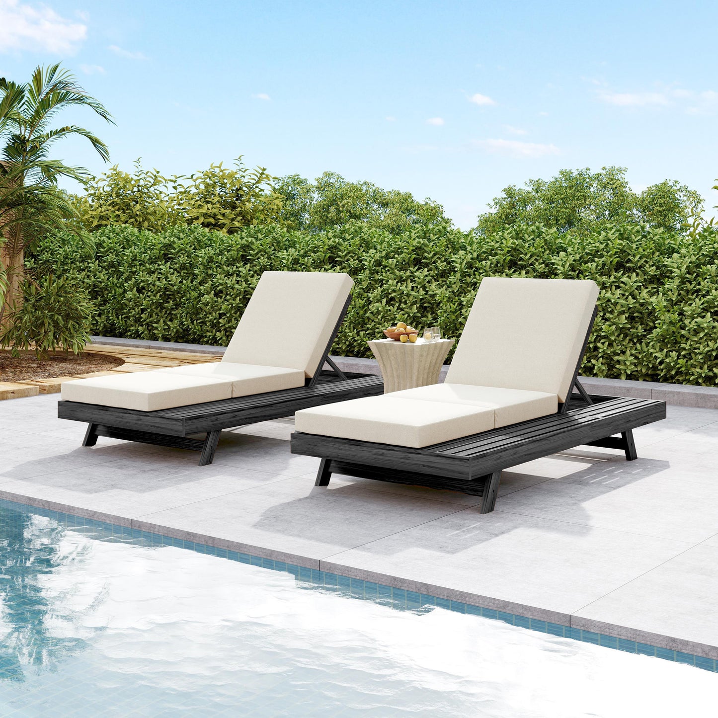 Acacia Wood Lounge Chaise Set with Cream Cushion - Adjustable