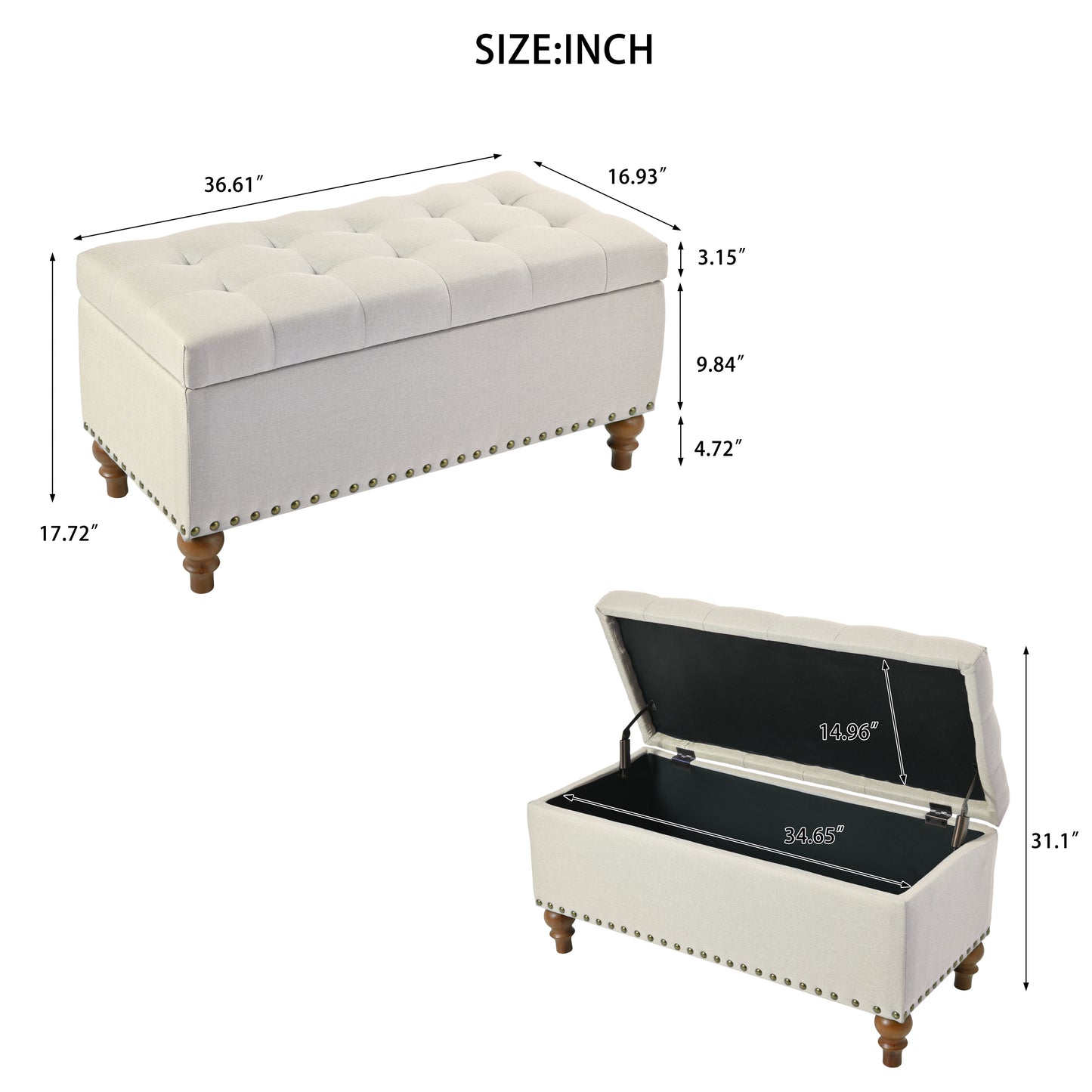 Ottoman Storage Bench, Recessed Support Hinge Top Easy To Open, Rivet