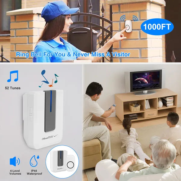 Wireless Doorbell with 1000FT Range, Waterproof IP44 Chime, 52 Melodies