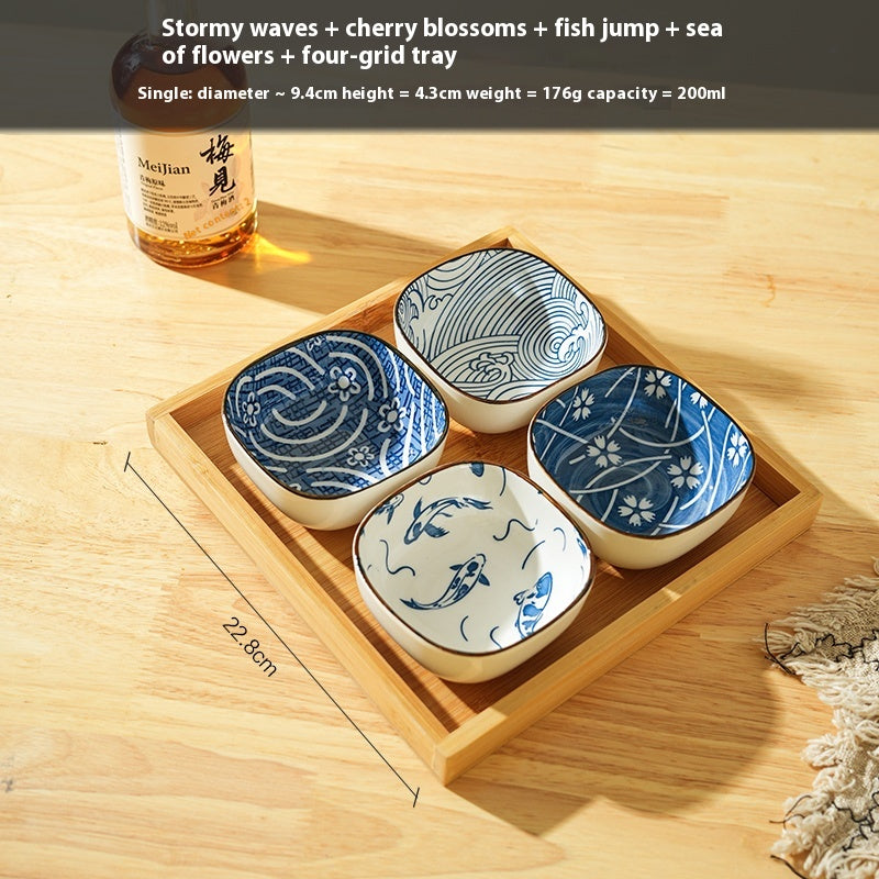 Porcelain Dipping Sauce Dish Set with Cherry Blossom Design - Small Square Plate for Kitchen & Restaurant Use