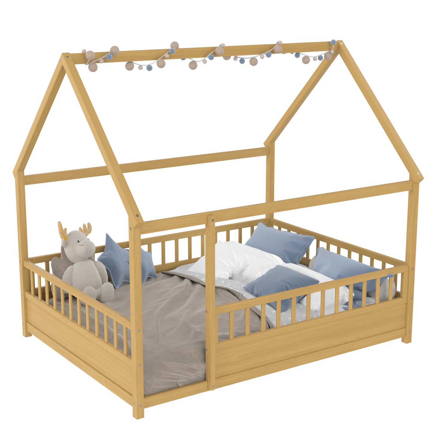 Full Size Wooden Floor Bed with House Roof Frame and Fence Guardrails - Natural