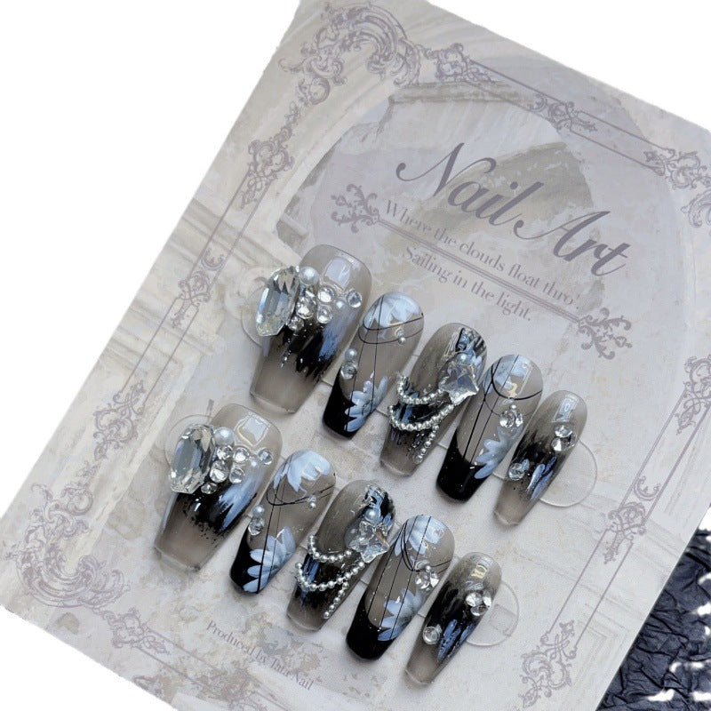 Black Themed Icy-Cool Rhinestone Nail Tips for Nail Art & Wear