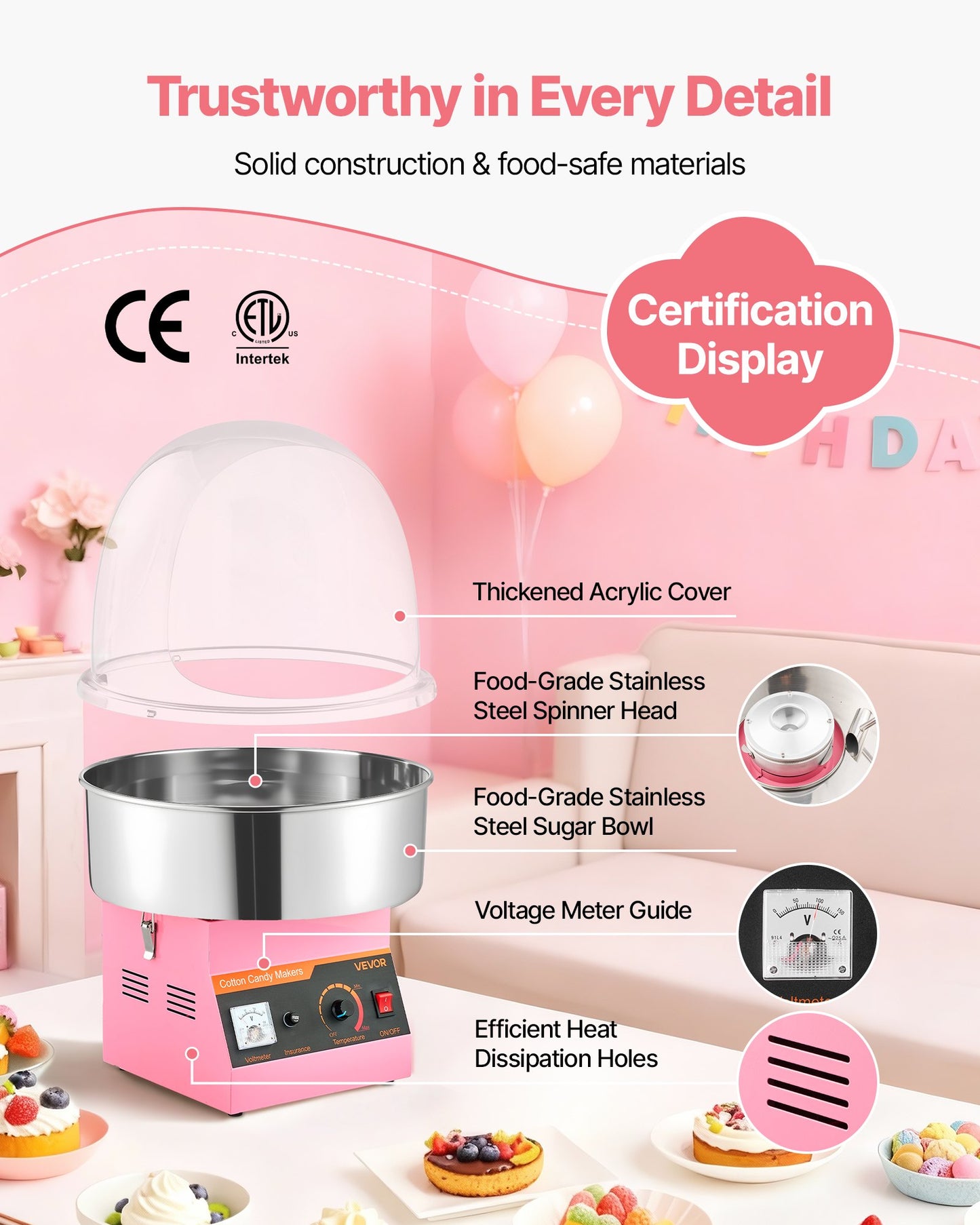 Electric Cotton Candy Machine 1000W Commercial Floss Maker with Cover & Stainless Steel Bowl