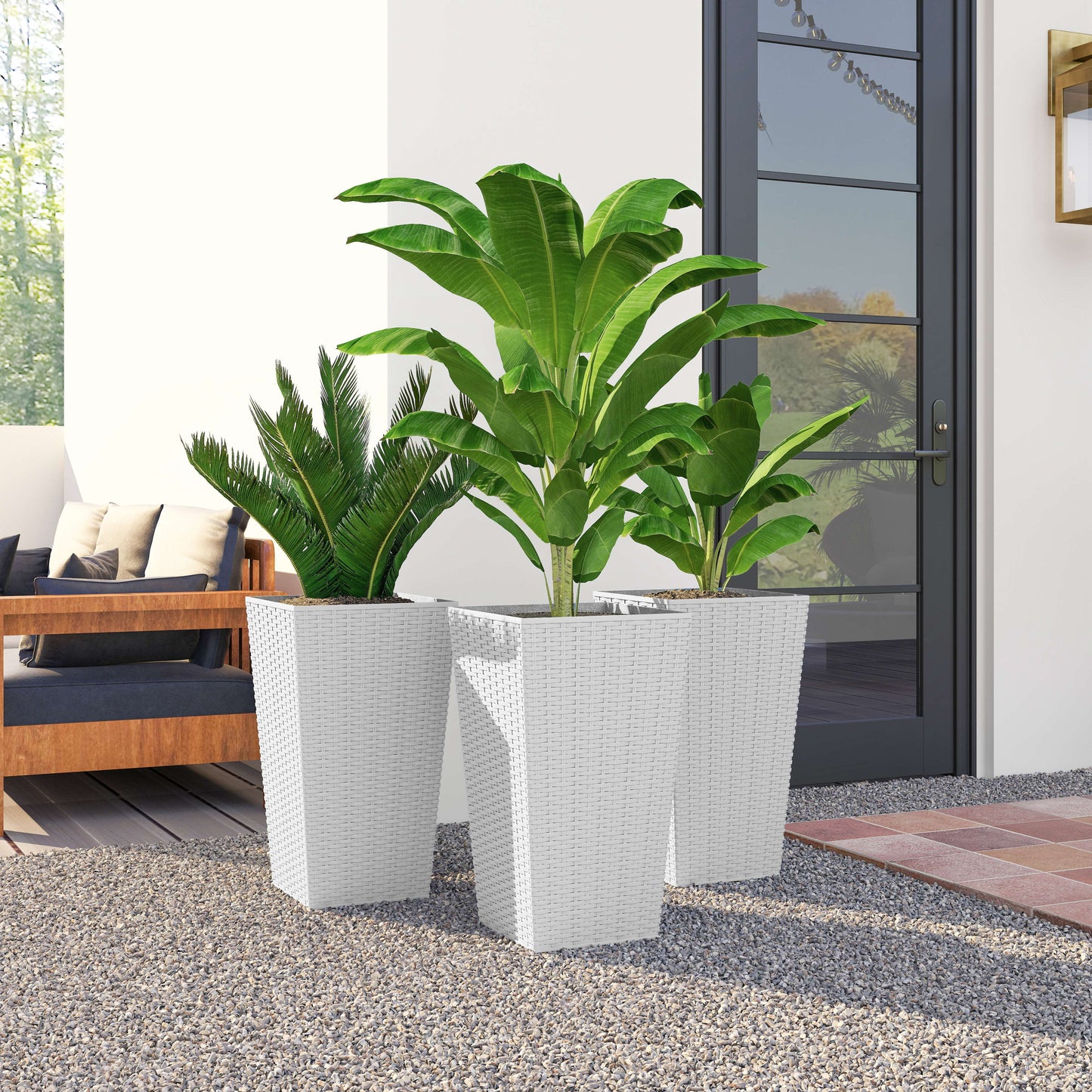 Outdoor Tall Plant Planters Set of 3 White Rattan Style Garden Pots with Drainage Holes
