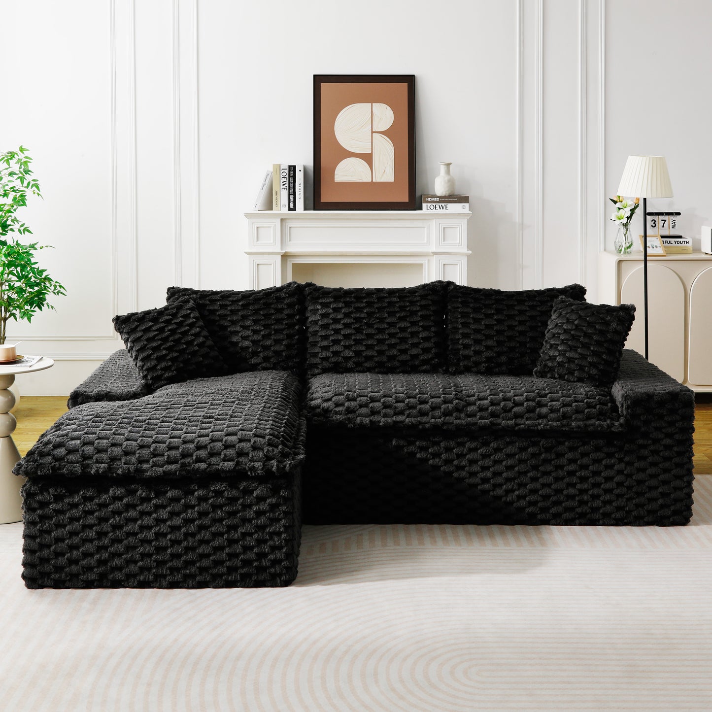 Convertible Twin-Seat Velvet Sofa with Left Chaise Lounge - Black