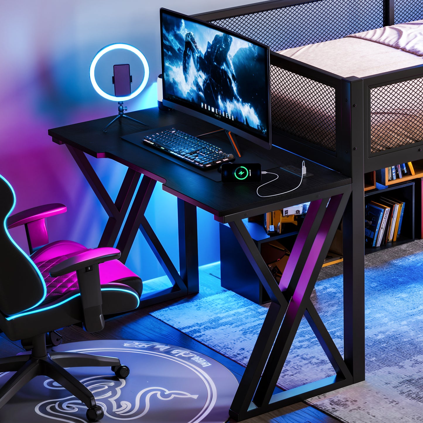 Twin XL Gaming Loft Bed with Desk, LED Lights & USB Ports - Black