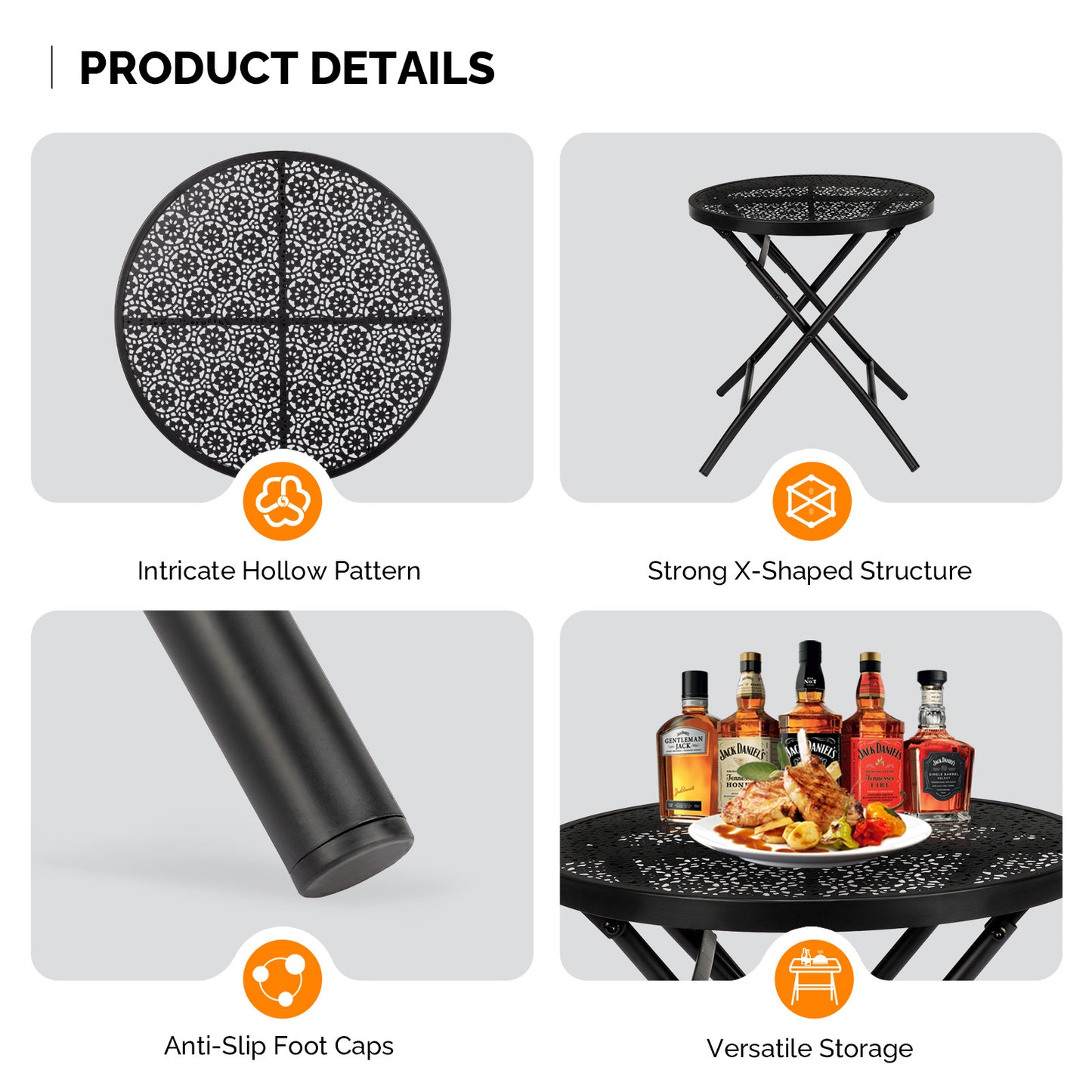 Folding Outdoor Side Table - Round Metal Nightstand, Black