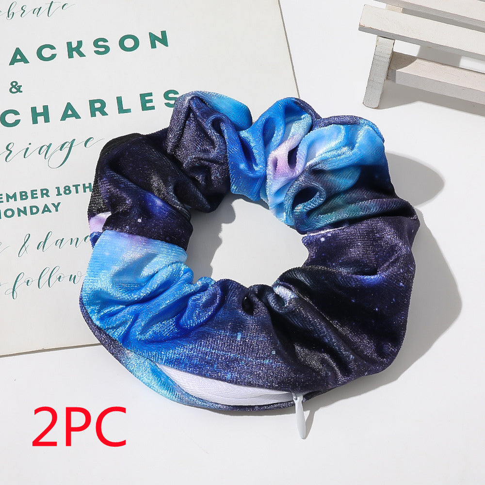 Velvet Cloth Zipper Large Hair Tie - Starry Sky Blue Elastic Hair Accessory