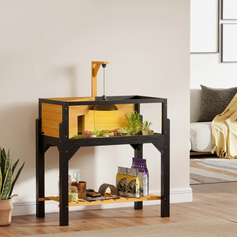 Wooden Tortoise Habitat with Storage Shelf & Clear Windows, Open Top, Lamp Holder