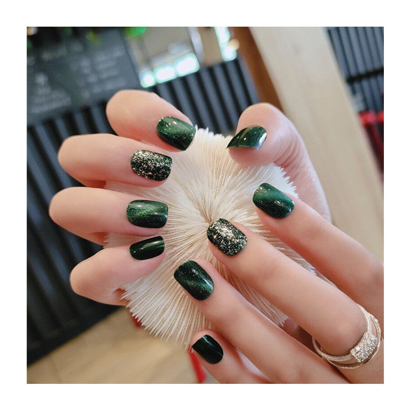 Cat Eye Detachable Nail Patch Set - Emerald Sparkling Diamond, 24 Pieces