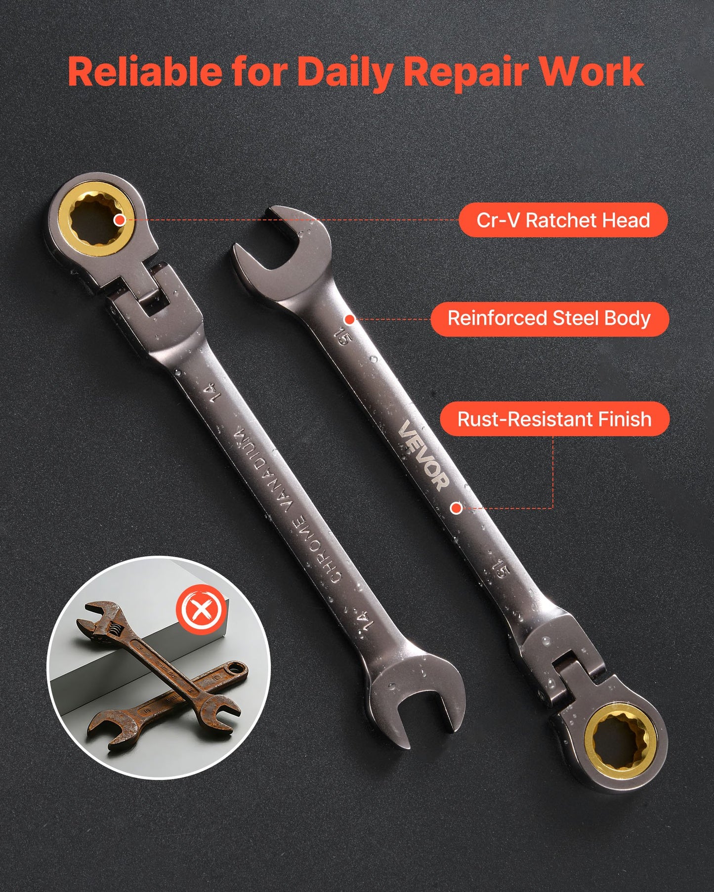 24-Piece Ratcheting Wrench Set with Flex Head, SAE & Metric, Cr-V Steel, Storage Case