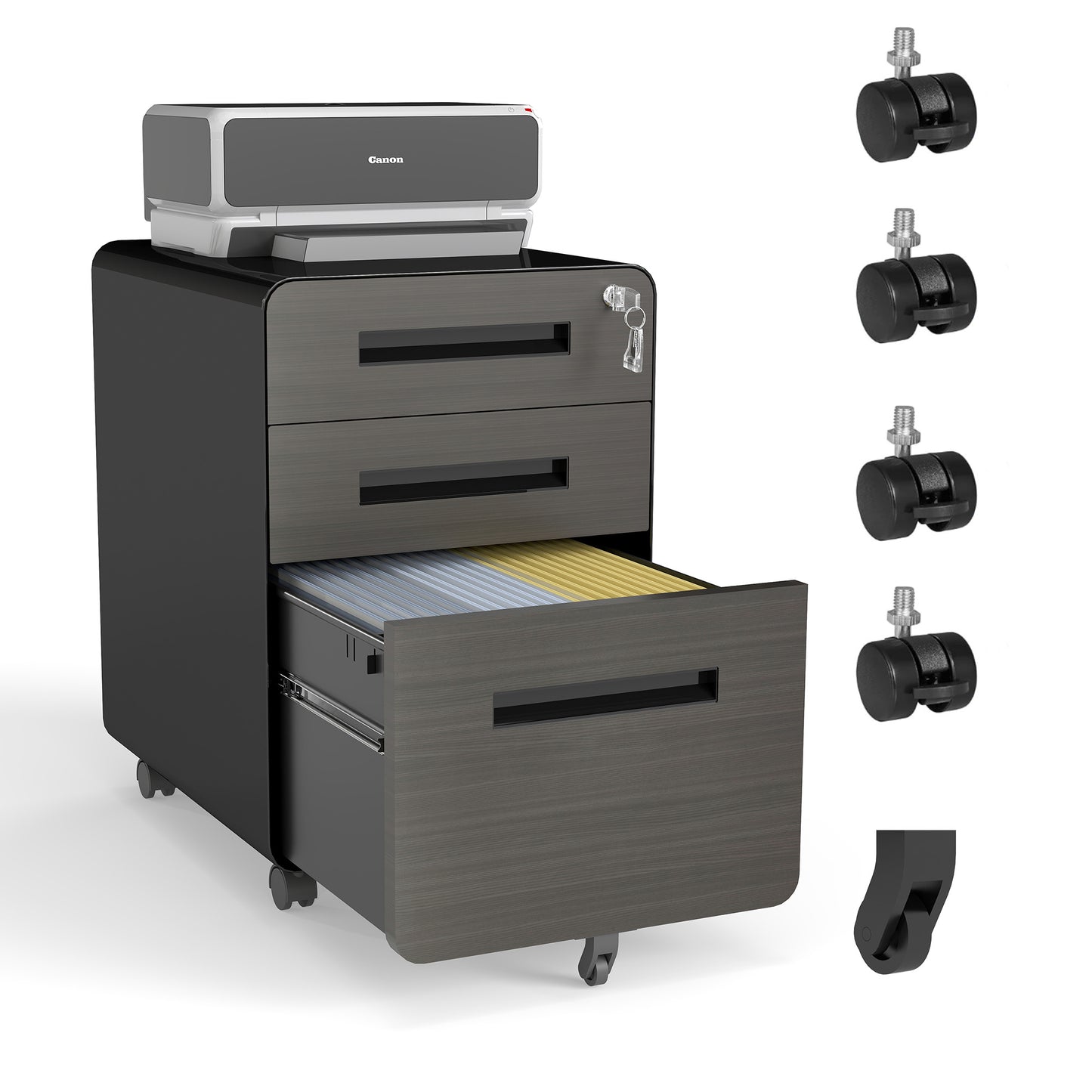 3-Drawer Mobile File Cabinet with Lock - Black Steel Storage