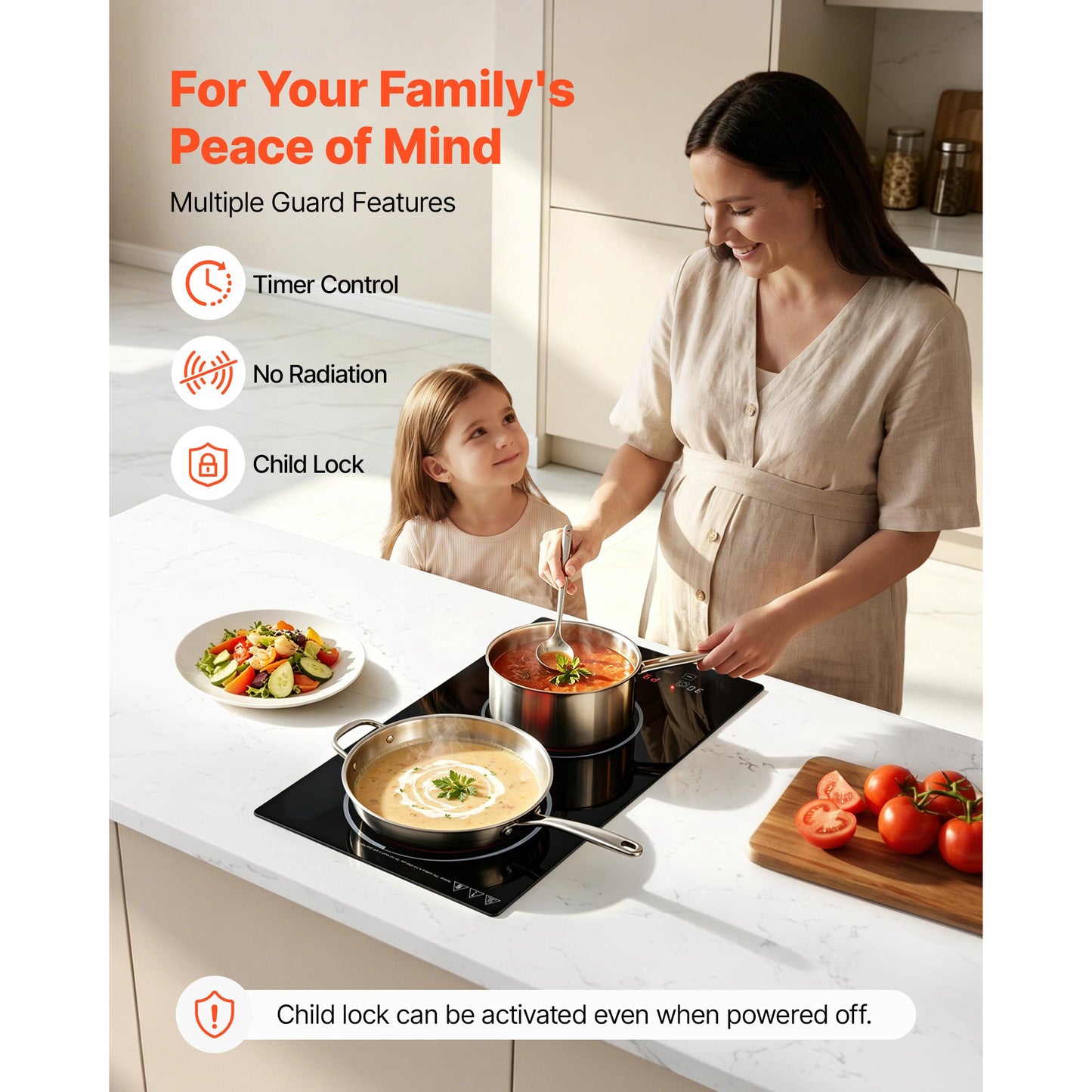 12-Inch Electric Cooktop with 2 Burners, 1800W Portable Ceramic Stove, Touch Control & Safety Features