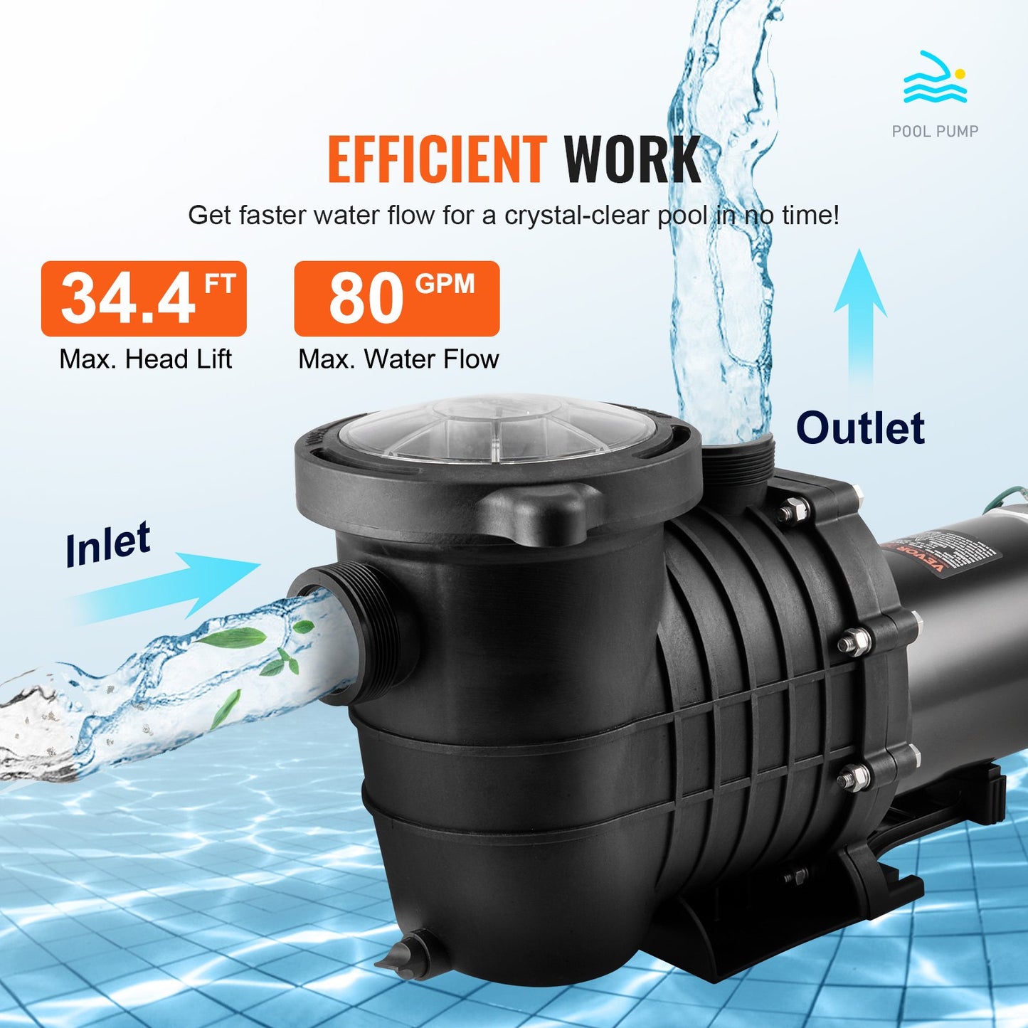 1HP Above Ground Pool Pump with Filter Basket - 80 GPM, 110V/240V, Black