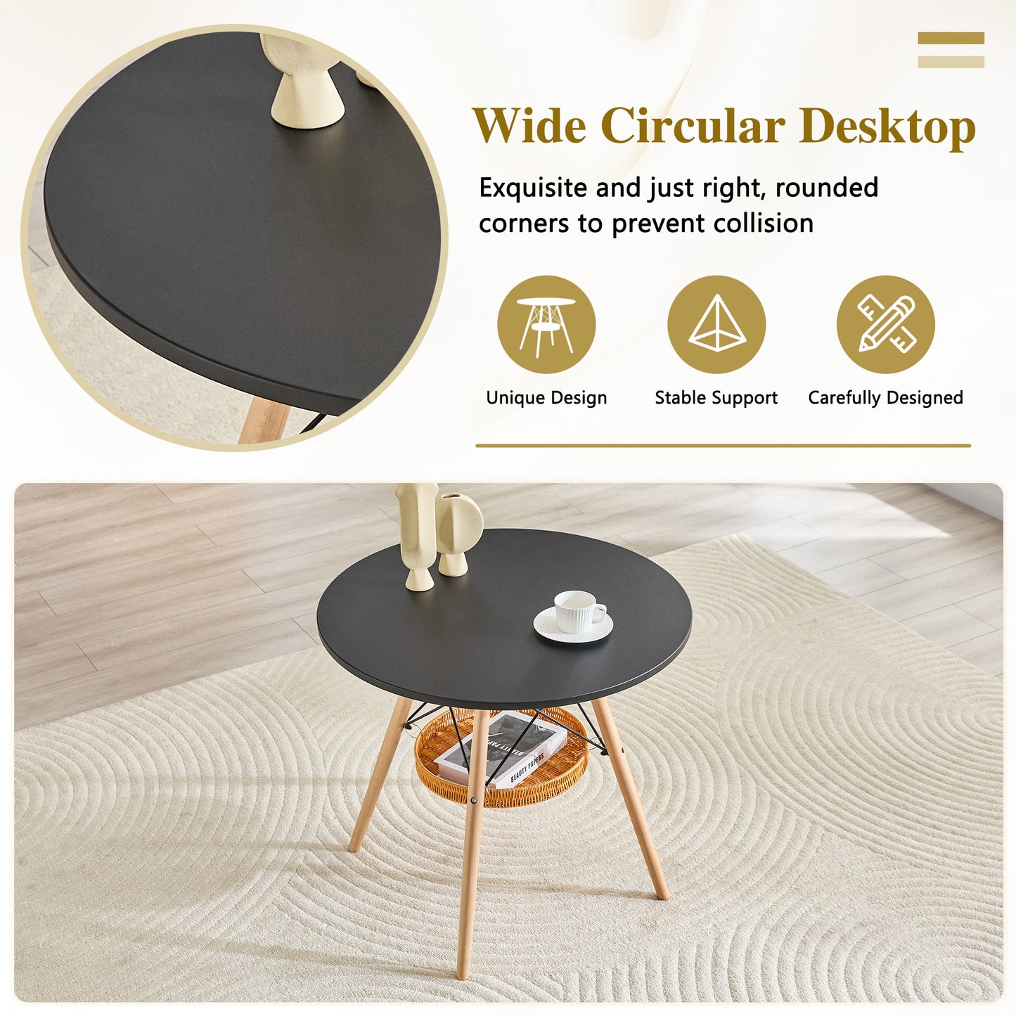 31.5-inch Diameter Circular Dining Table, Black MDF Vacuum Formed